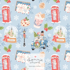 Könnte beinhalten: Ein hellblaues nahtloses Muster mit roten Londoner Telefonzellen, Schneekugeln mit Big Ben, einem blauen Taxi mit Kranz, Weihnachtsumschlägen, Stechpalmenbeeren und einem Becher mit dem Text Tis the Season in London und Chonnie artwork.