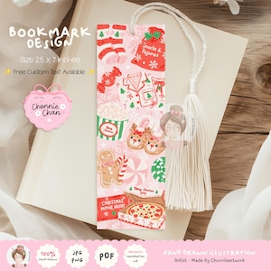 May include: A rectangular bookmark with a light pink background featuring Christmas-themed illustrations including socks, a red bag labeled Snacks & Pajamas, pajamas, popcorn, reindeer slippers, a gingerbread man, candy, and a pizza box.