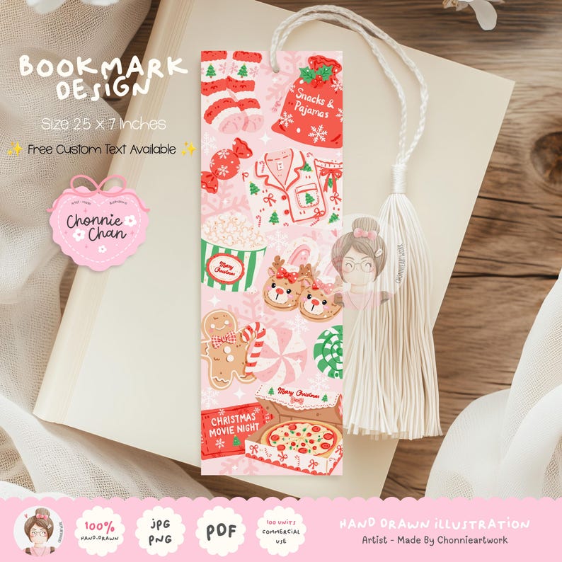May include: A rectangular bookmark with a light pink background featuring Christmas-themed illustrations including socks, a red bag labeled Snacks & Pajamas, pajamas, popcorn, reindeer slippers, a gingerbread man, candy, and a pizza box.