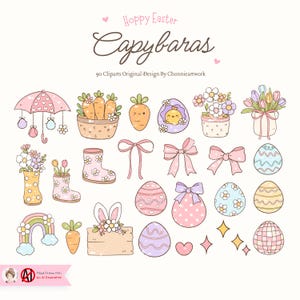May include: A set of 90 Easter-themed clipart images featuring capybaras, carrots, rainbows, eggs, flowers, and other spring-themed elements. The images are drawn in a cute, cartoon style with pastel colors.