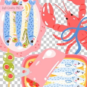 Puede incluir: Ilustraci&oacute;n caprichosa con elementos de mariscos. Incluye un plato rosa con peces de dibujos animados, aceitunas y rodajas de lim&oacute;n. Tambi&eacute;n hay una langosta roja con detalles azules y una lata de sardinas.