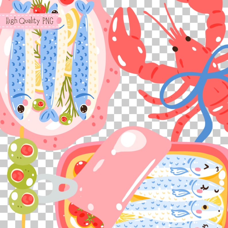 Puede incluir: Ilustraci&oacute;n caprichosa con elementos de mariscos. Incluye un plato rosa con peces de dibujos animados, aceitunas y rodajas de lim&oacute;n. Tambi&eacute;n hay una langosta roja con detalles azules y una lata de sardinas.