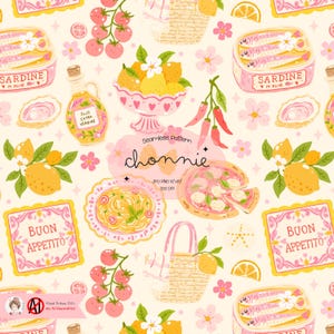 May include: A seamless pattern with Italian food illustrations. The design includes sardines, lemons, pizza, pasta, olive oil, tomatoes, and the text "Buon Appetito" in a pink and yellow colour scheme.