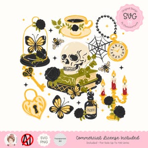 Puede incluir: Ilustración digital con elementos góticos y vintage. Incluye una calavera, mariposas, una taza de té, un reloj de bolsillo, velas y una botella con la inscripción "Elixir". El diseño utiliza acentos negros y dorados.