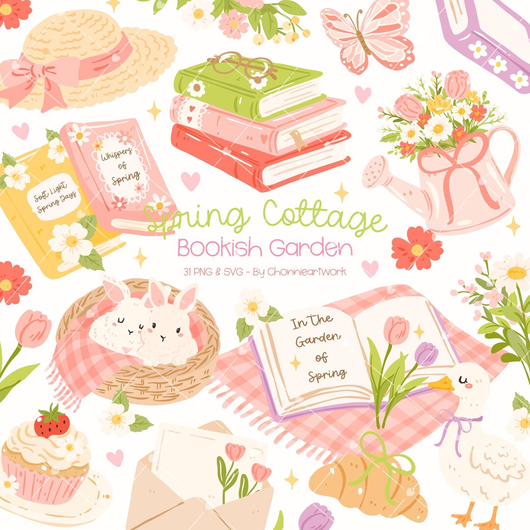 Spring Clipart, Spring Bookish Png, Whimsical Spring, Cute Garden ...