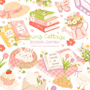 May include: A digital illustration with a spring cottage theme. It features books, flowers, a watering can, a straw hat, a butterfly, and a basket with bunnies. The text "Spring Cottage Bookish Garden" is also present.