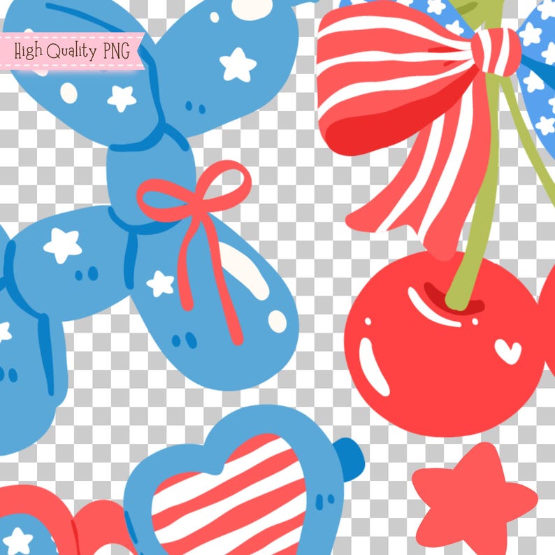 K&ouml;nnte beinhalten: Eine patriotische Illustration mit blauen Ballonfiguren, roten Kirschen, einer rot-wei&szlig; gestreiften Schleife, herzf&ouml;rmigen Brillen und roten Sternen. Das Bild hat einen transparenten Hintergrund und den Text "High Quality PNG".