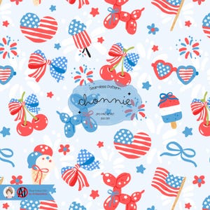 May include: A seamless pattern featuring red, white, and blue patriotic illustrations. The pattern includes stars, fireworks, cherries, bows, ice cream cones, and balloon animals. The text "chomnie" is in the center of the pattern.