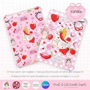 May include: Two pink Kindle inserts with a romantic theme. One has a solid pink background, the other a checkered pattern. Both feature hearts, roses, lingerie, and text like "Spicy Book Club" and "Forbidden Love."