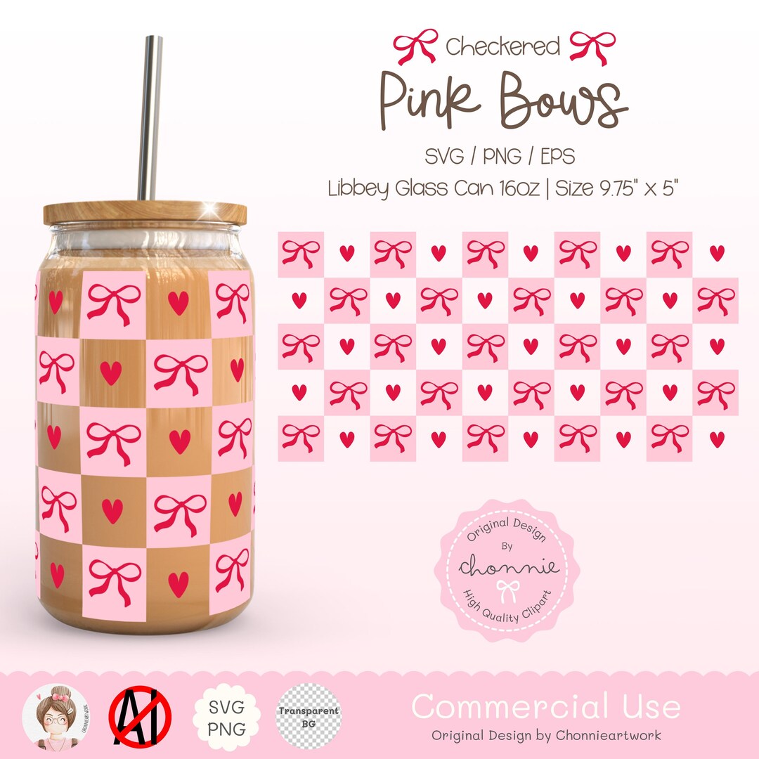 Checkered Pink Bows 16oz Libbey Glass Can Wrap SVG PNG EPS Aesthetic ...