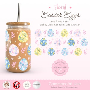 May include: Floral Easter egg design for a 16 ounce Libbey glass can. The design features a repeating pattern of pastel colored eggs with floral designs. The can is 9.75 inches wide and 5 inches tall.