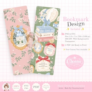 Puede incluir: Dos diseños de marcapáginas digitales con patrones florales e ilustraciones de inspiración vintage. Un marcapáginas es rosa con un espejo con marco dorado etiquetado 'OUR HOME'. El otro es verde con libros etiquetados 'LOVE', 'DEVOTION', 'FOREVER'.