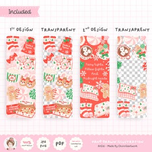 May include: Two digital bookmark designs featuring Christmas themes. The first shows socks, a snack bag, pajamas, popcorn, slippers, gingerbread, and pizza. The second features hot cocoa, candy, and the text Fairy lights, Pillow fights, And Midnight reads.