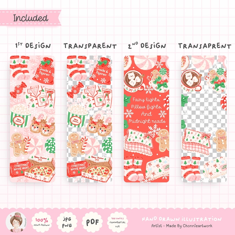May include: Two digital bookmark designs featuring Christmas themes. The first shows socks, a snack bag, pajamas, popcorn, slippers, gingerbread, and pizza. The second features hot cocoa, candy, and the text Fairy lights, Pillow fights, And Midnight reads.