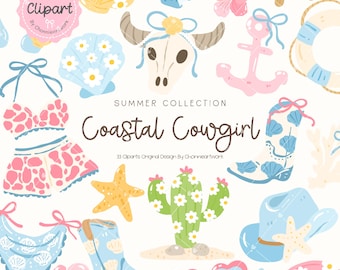 Set di clipart PNG di cowgirl costiera, clipart di atmosfere da spiaggia western, sublimazione estetica di ragazza di campagna, ragazza da spiaggia civettuola, design di maglietta Tumbler