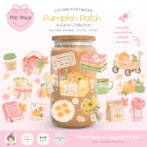 May include: A digital illustration set titled Pumpkin Patch Autumn Collection by ChonnieArtwork. It features various hand-drawn elements including pumpkins, a wagon, books, a coffee cup, cookies, sunflowers, and a scarf, all displayed on a glass jar.
