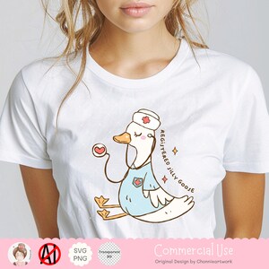 May include: A white t-shirt with a cartoon illustration of a goose wearing a nurse's hat and holding a stethoscope. The text "Registered Silly Goose" is written vertically on the right side of the goose.