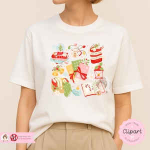 May include: Cream-colored t-shirt featuring a colorful Christmas-themed graphic. The design includes illustrations of a snow globe, wrapped gifts, books, bells, and a lantern. The words "Have a Beary Shelfy Christmas" are visible.
