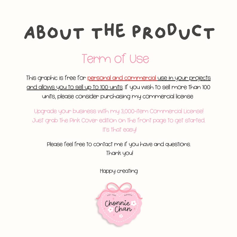 May include: A white background with the text "ABOUT THE PRODUCT" in black, and "Term of Use" in pink. The text explains the terms for using the graphic, including personal and commercial use, and a commercial license. A pink heart-shaped logo is at the bottom.