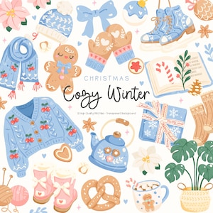 Könnte beinhalten: Winterliche Illustrationen mit einem blauen Cardigan mit Kirschdetails, einem Lebkuchenmann, einer Teekanne und einer Tasse heißer Schokolade. Der Text lautet "Christmas Cozy Winter".