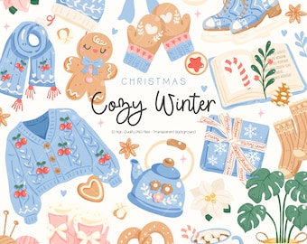 May include: A collection of winter-themed illustrations, including a blue sweater with cherry accents, a gingerbread man, a teapot, and a mug of hot cocoa. The words "Christmas Cozy Winter" are displayed.