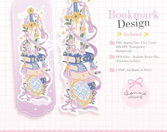 Marque-page découpé à l'emporte-pièce représentant une épée fantastique, un œuf de dragon enchanté et des livres. Marque-page imprimable au style pastel romantique, idéal pour les amoureux des livres. Formats : PNG, SVG et PDF.