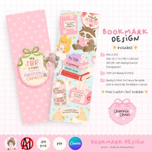 May include: Pink bookmark design with illustrations and text. One bookmark has a heart pattern, the other has a raccoon reading a book. Text includes "My TBR is bigger than my emotional capacity" and "easily distracted by books."
