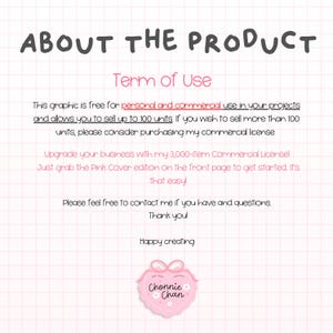 May include: A white document with a pink grid pattern featuring the text ABOUT THE PRODUCT and Term of Use. It outlines personal and commercial usage rights for up to 100 units, mentions a 3,000-item commercial license, and includes a Chonnie Chan logo.