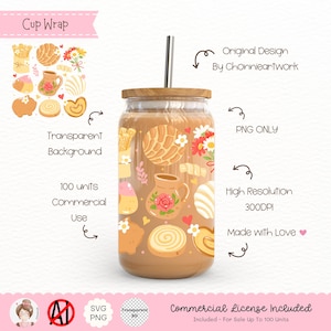 May include: A glass cup with a wooden lid and a stainless steel straw, filled with a brown liquid. The cup is decorated with colorful illustrations of pastries, flowers, and a teapot. Text on the image includes "Cup Wrap", "Original Design By Chonnieartwork", and "Commercial License Included".