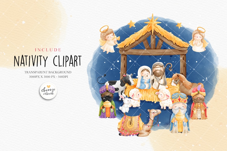 Puede incluir: Ilustraci&oacute;n de acuarela de una escena de la natividad con un pesebre, el ni&ntilde;o Jes&uacute;s, Mar&iacute;a, Jos&eacute;, &aacute;ngeles, animales y los tres reyes magos. La escena se desarrolla en un cielo nocturno azul estrellado.