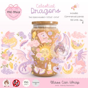 May include: A glass can wrap design featuring celestial dragons, suns, moons, and crystals in pastel colors. The design includes the text "Celestial Dragons" and "Glass Can Wrap". Two sizes are included: 9.75"x5" and 9.4"x4". Includes a commercial license for 100 units.