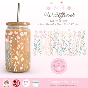 Pastell zierliche Wildblume 16 Unze Libbey Glasdose Verpackung SVG PNG EPS, Pastell Wildblume niedlich Boho Wildblume Whimsy Cup Wrap weiche Blüte Ästhetik
