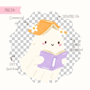 May include: A cute cartoon ghost reading a purple book, wearing a yellow hat with white flowers. The image includes the text "PNG File", "Commercial use", "SVG&PNG File", "100% Hand drawn", and "Non Ai Generated".
