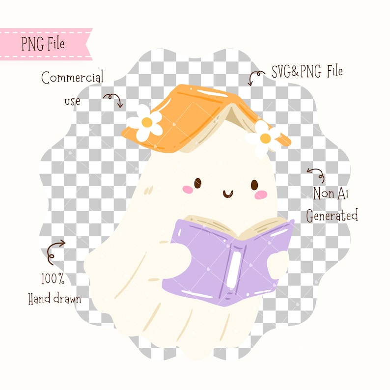 May include: A cute cartoon ghost reading a purple book, wearing a yellow hat with white flowers. The image includes the text "PNG File", "Commercial use", "SVG&PNG File", "100% Hand drawn", and "Non Ai Generated".