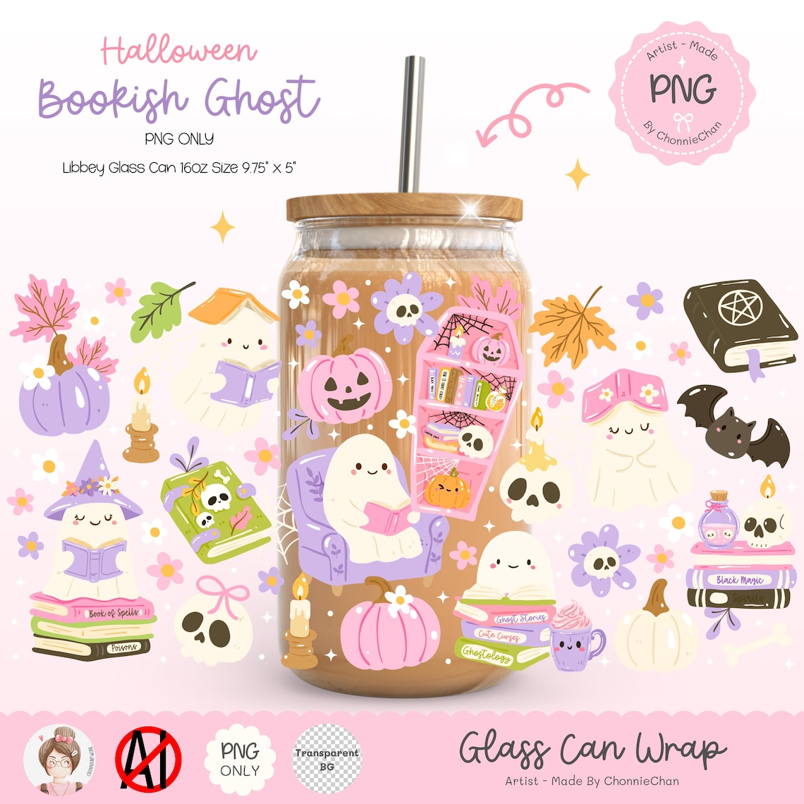Halloween Bookish Ghost Library PNG Wrap, Cute Ghost Reading Glass Can ...