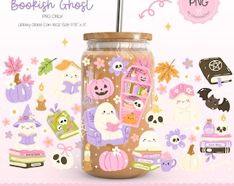 Halloween Bookish Ghost Library PNG Wrap, Cute Ghost Reading Glass Can Wrap, Spooky Cozy Halloween Ghost Clipart, Cozy Bookish Halloween