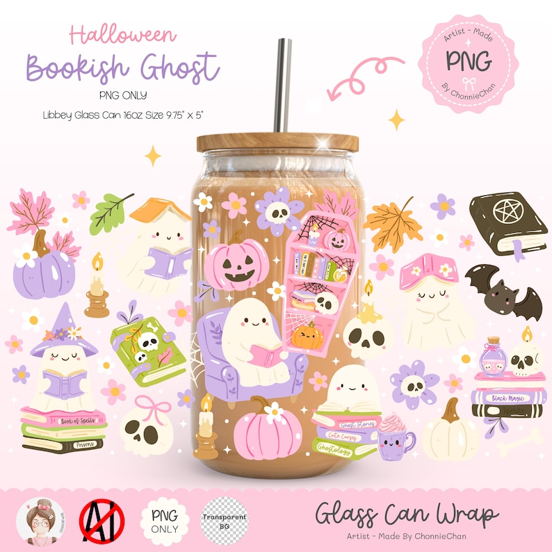 Halloween Bookish Ghost Library PNG Wrap, Cute Ghost Reading Glass Can ...