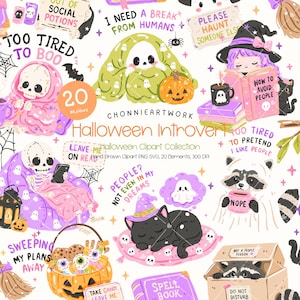 May include: A digital Halloween clipart collection featuring 20 hand-drawn illustrations including skeletons under blankets, a witch reading a book, a black cat, a raccoon in a box, and pumpkins with text like I Need A Break From Humans and Too Tired To Boo.