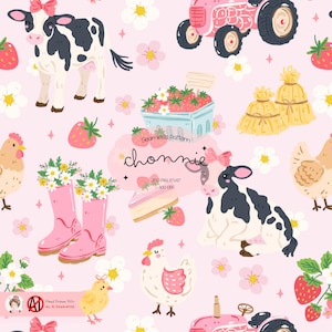 Peut inclure: Un motif sans couture avec des éléments de ferme sur un fond rose. Le motif comprend une vache, des poulets, un tracteur, des fraises et des accents floraux. Le texte "chomnie" est visible, ainsi que d'autres indications.