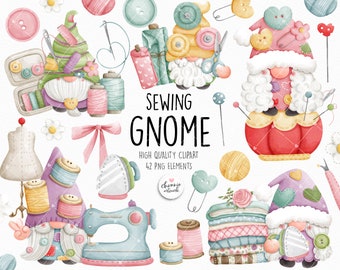 Sewing Gnomes Clipart, Sewing kit clipart, Gnome Embroidery clipart, Gnome clipart, Vintage Sewing machine clipart