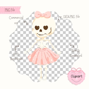 Puede incluir: Ilustraci&oacute;n de un esqueleto caprichoso con un lazo rosa, tut&uacute; y ojos en forma de coraz&oacute;n. La imagen es un archivo PNG, apto para uso comercial y dibujado a mano. El dise&ntilde;o no est&aacute; generado por IA.