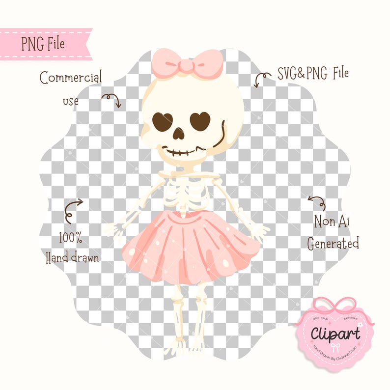 Puede incluir: Ilustraci&oacute;n de un esqueleto caprichoso con un lazo rosa, tut&uacute; y ojos en forma de coraz&oacute;n. La imagen es un archivo PNG, apto para uso comercial y dibujado a mano. El dise&ntilde;o no est&aacute; generado por IA.