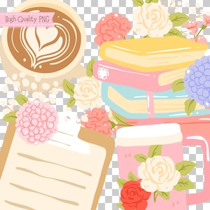 May include: A digital illustration featuring a coffee cup with latte art, a stack of books, a clipboard, and a pink mug, all adorned with flowers. The image has a soft, pastel color palette and the text "High Quality PNG".