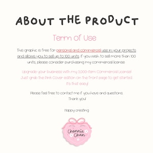 May include: A white background with the text "ABOUT THE PRODUCT" in black. Below, the text "Term of Use" is in pink. The text describes the terms of use for a graphic, including personal and commercial use, and a commercial license.
