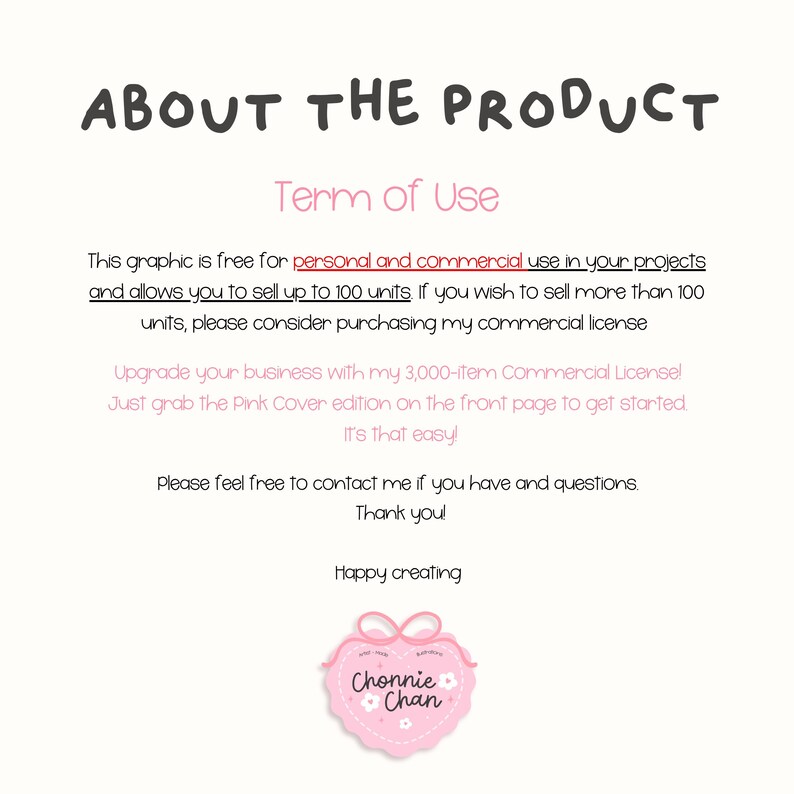 May include: A white background with the text "ABOUT THE PRODUCT" in black. Below, the text "Term of Use" is in pink. The text describes the terms of use for a graphic, including personal and commercial use, and a commercial license.