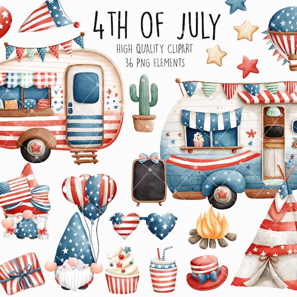 Watercolor 4th July Clipart, Independence Day Clipart, Camper clipart, Patriotic Clipart, 4th July Camper Clipart,gnome 4th july clipart