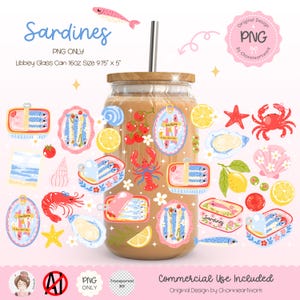 Fisherman Aesthetic Sardines Glass Can Wrap,Cute Sardines Can,Girly Summer,Tinned Fish Bow, Coastal Nautical Summer,Trendy Ocean Beach Vibes