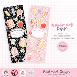 Könnte beinhalten: Zwei dekorative Lesezeichen mit Designs zum Thema Schule. Eines ist schwarz mit weißen Spritzern, das andere rosa mit weißen Spritzern. Jedes zeigt Illustrationen eines Notizbuchs, eines Apfels, eines Bleistifts und einer Uhr. Der Text "COMPOSITION BOOK" ist sichtbar.