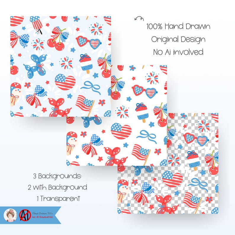 May include: Three seamless patterns featuring red, white, and blue patriotic designs. The patterns include hearts, stars, fireworks, balloons, cherries, sunglasses, and ice cream cones. One pattern is on a transparent background.