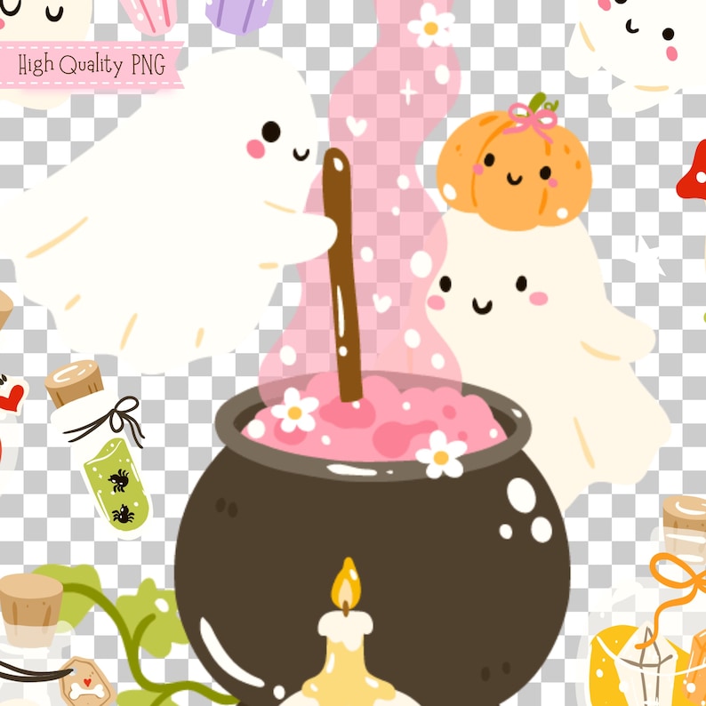 May include: A whimsical Halloween-themed illustration featuring cute ghosts, a cauldron with pink potion, and a smiling pumpkin. The image includes a candle, potion bottles, and the text "High Quality PNG".